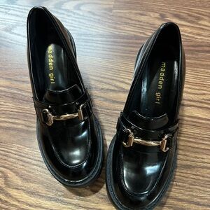 Madden Girl Shiny Black Loafers with Gold Accent